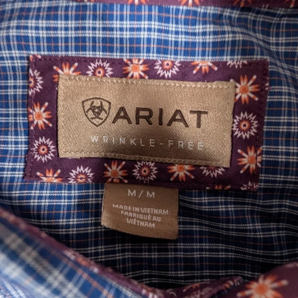 Ariat Button Down Shirt Mens Medium Blue Plaid Wrinkle-Free Western Cowboy